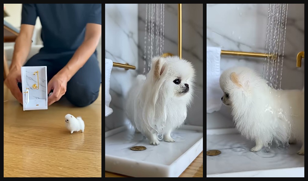 Tiny fluffy dog gets a mini morning bath opening hook frames