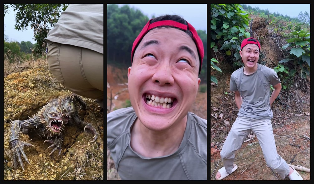 Fake survival clip with a pit monster jump scare opening hook frames