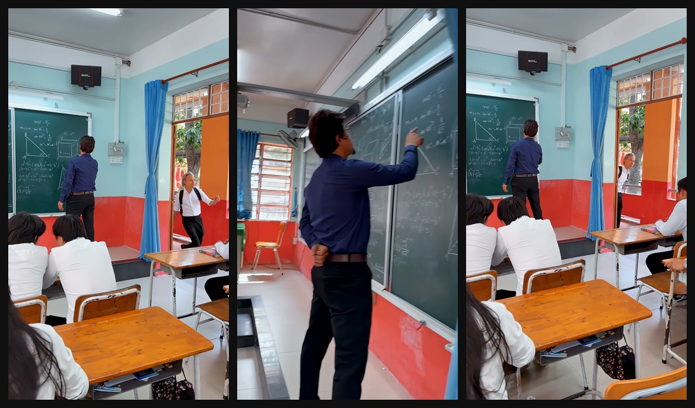 Late-to-class sneak-in with an old-man disguise opening hook frames